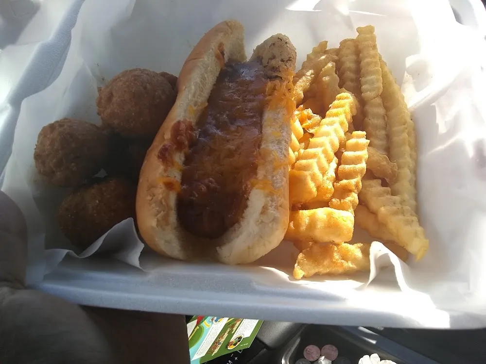 Fried Mushroom Chilli & Cheese Dog with Fries